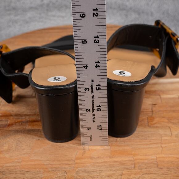 Fabianelli Black Leather Block Heel Sandals Women 9 Two Bands Tortoise Buckle - Picture 4 of 5